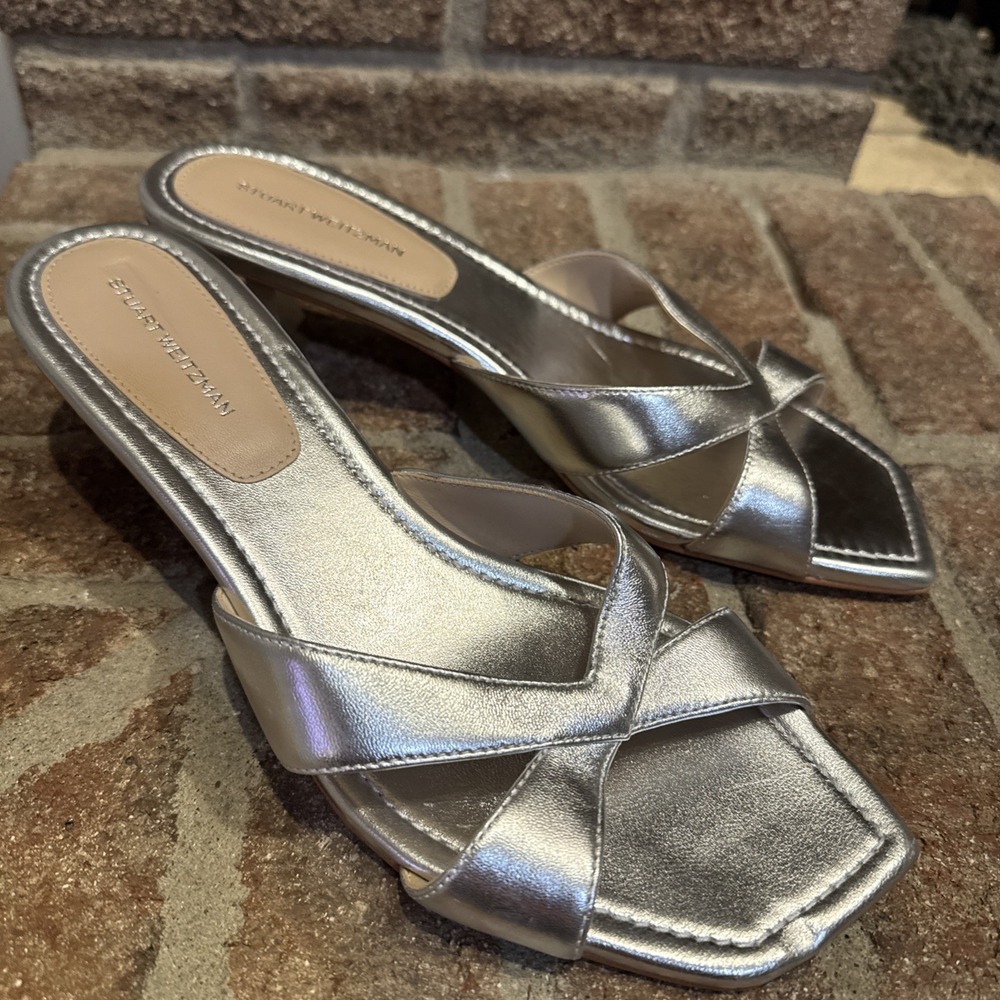 Stuart Weitzman Miami 50 Leather Sandal Women's Sz 10 Silver Kitten Heels